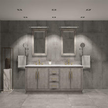 Load image into Gallery viewer, Water Creation Vanity Water Creation HU72CW06GK-R21TL1206 Hugo 72 In. Double Sink Carrara White Marble Countertop Vanity in Grey Oak with Hook Faucets and Mirrors