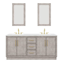 Load image into Gallery viewer, Water Creation Vanity Water Creation HU72CW06GK-R21TL1206 Hugo 72 In. Double Sink Carrara White Marble Countertop Vanity in Grey Oak with Hook Faucets and Mirrors