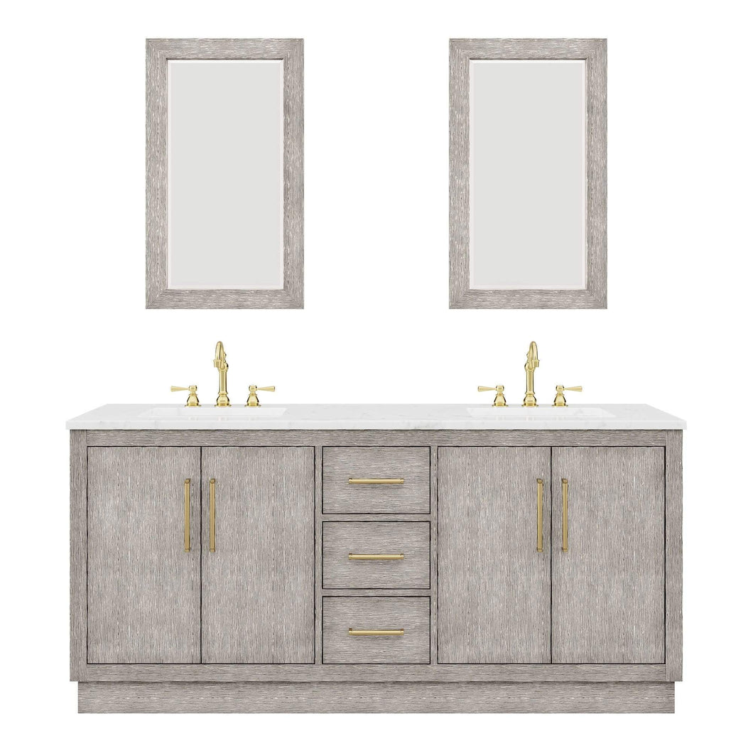 Water Creation Vanity Water Creation HU72CW06GK-R21TL1206 Hugo 72 In. Double Sink Carrara White Marble Countertop Vanity in Grey Oak with Hook Faucets and Mirrors