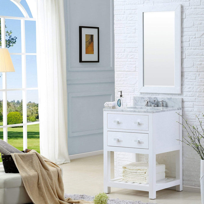 Water Creation Vanity Water Creation MA24CW01PW-R21BX0901 24 Inch Pure White Single Sink Bathroom Vanity With Matching Framed Mirror And Faucet From The Madalyn Collection