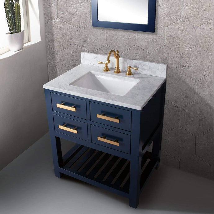 Water Creation Vanity Water Creation MA24CW06MB-R21FX1306 24 Inch Monarch Blue Single Sink Bathroom Vanity With F2-0013 Satin Gold Faucet And Mirror From The Madalyn Collection