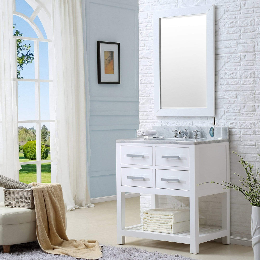 Water Creation Vanity Water Creation MA30CW01PW-R24000000 30 Inch Pure White Single Sink Bathroom Vanity With Matching Framed Mirror From The Madalyn Collection