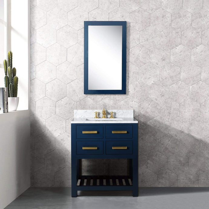 Water Creation Vanity Water Creation MA30CW06MB-R21FX1306 30 Inch Monarch Blue Single Sink Bathroom Vanity With F2-0013 Satin Gold Faucet And Mirror From The Madalyn Collection