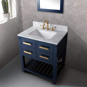 Water Creation Vanity Water Creation MA30D-0612MB Madalyn 30 Inch Monarch Blue Single Sink Bathroom Vanity With Satin Brass Faucet And Mirror
