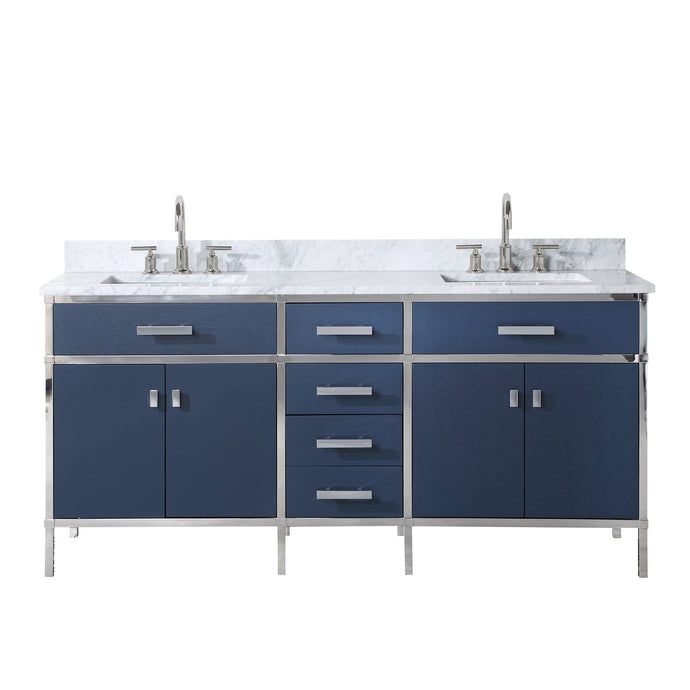 Water Creation Vanity Water Creation MQ72CW01MB-000BL1401 Marquis 72 In. Double Sink Carrara White Marble Countertop Vanity in Monarch Blue with Hook Faucets