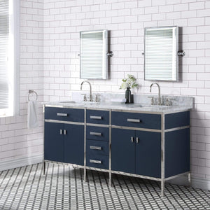 Water Creation Vanity Water Creation MQ72CW01MB-E18000000 Marquis 72 In. Double Sink Carrara White Marble Countertop Vanity in Monarch Blue with Mirrors