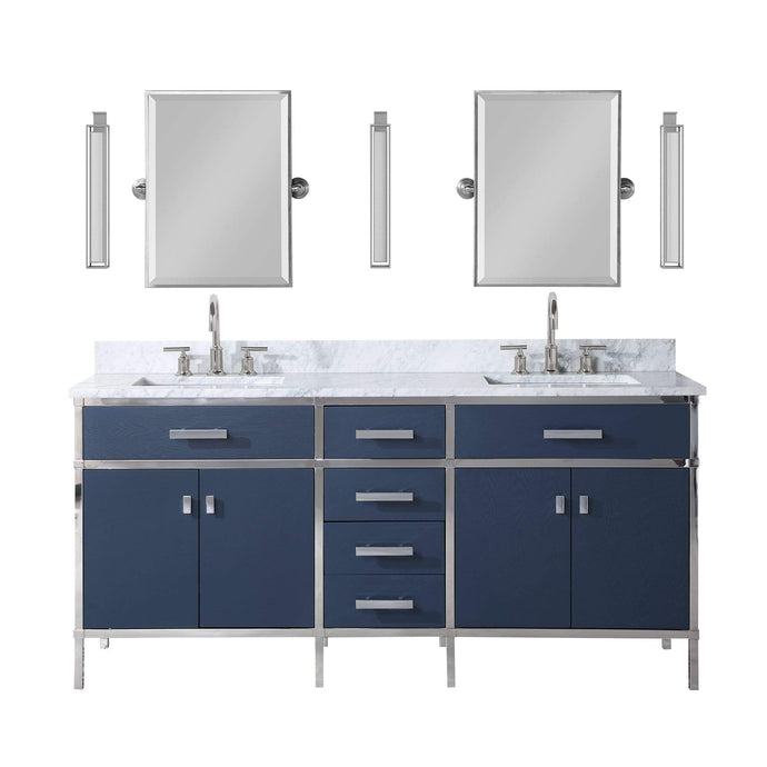 Water Creation Vanity Water Creation MQ72CW01MB-E18000000 Marquis 72 In. Double Sink Carrara White Marble Countertop Vanity in Monarch Blue with Mirrors