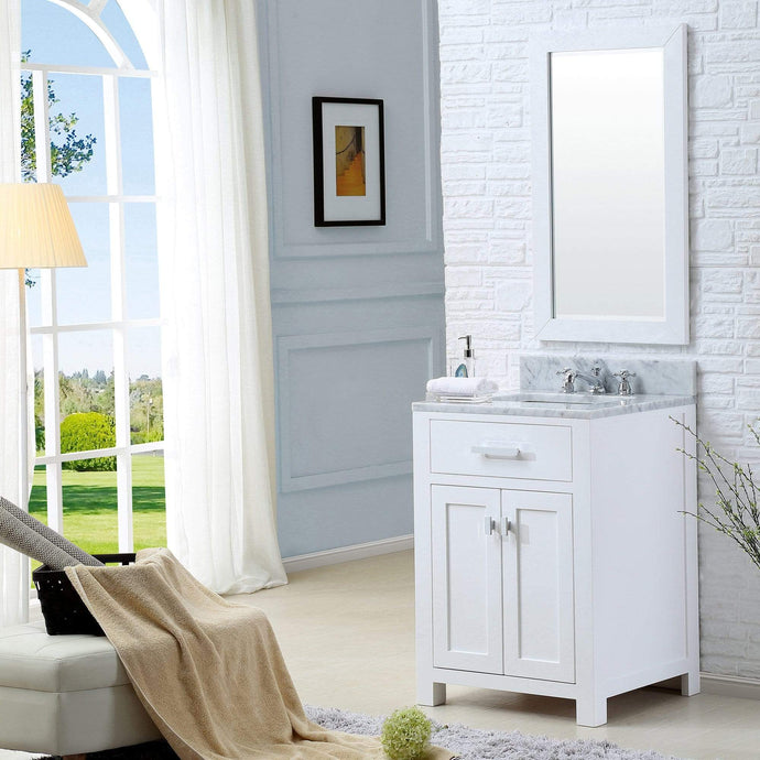 Water Creation Vanity Water Creation MS24CW01PW-R21BX0901 24 Inch Pure White Single Sink Bathroom Vanity With Matching Framed Mirror And Faucet From The Madison Collection