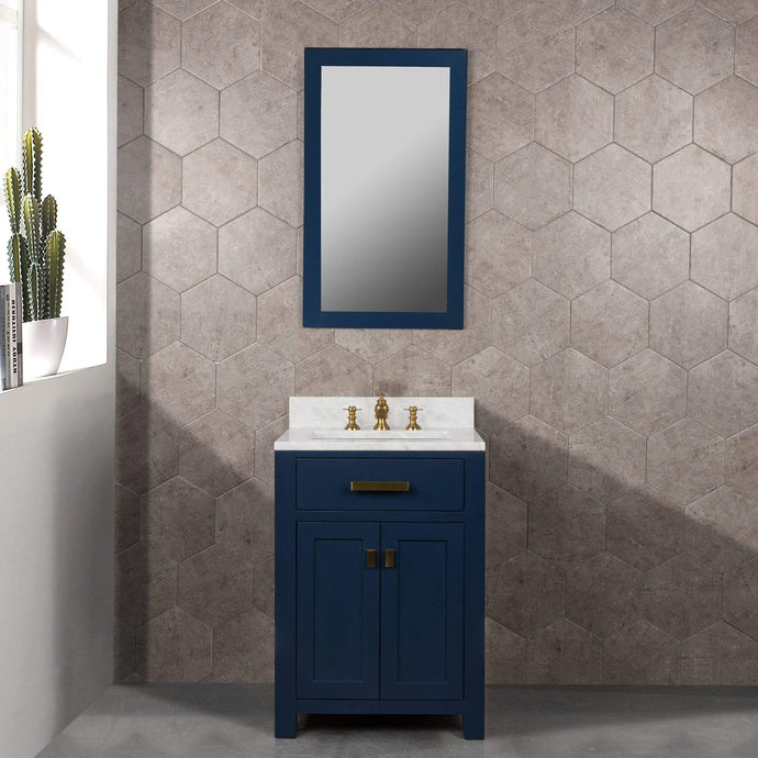 Water Creation Vanity Water Creation MS24CW06MB-000FX1306 Madison 24-Inch Single Sink Carrara White Marble Vanity In Monarch Blue With F2-0013-06-FX Lavatory Faucet