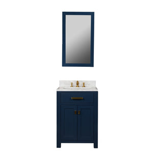 Water Creation Vanity Water Creation MS24CW06MB-R21FX1306 Madison 24-Inch Single Sink Carrara White Marble Vanity In Monarch Blue With Matching Mirror and F2-0013-06-FX Lavatory Faucet