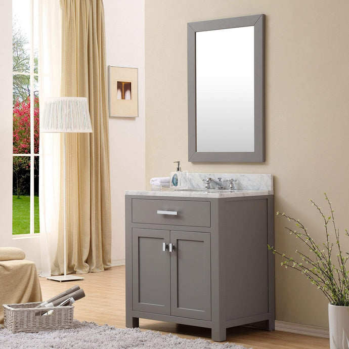 Water Creation Vanity Water Creation MS30CW01CG-R24BX0901 30 Inch Cashmere Grey Single Sink Bathroom Vanity With Matching Framed Mirror And Faucet From The Madison Collection