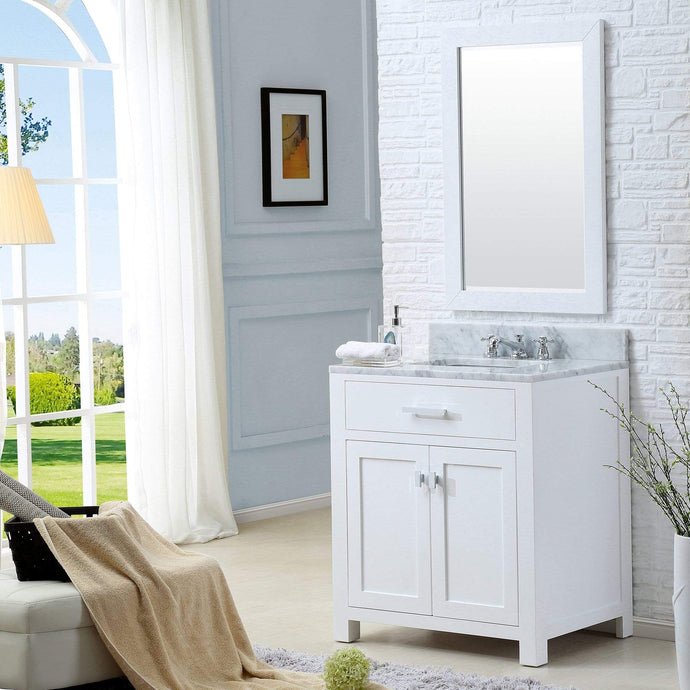 Water Creation Vanity Water Creation MS30CW01PW-R24000000 30 Inch Pure White Single Sink Bathroom Vanity With Matching Framed Mirror From The Madison Collection