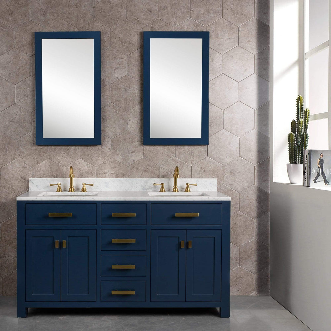 Water Creation Vanity Water Creation MS60CW06MB-R21TL1206 Madison 60-Inch Double Sink Carrara White Marble Vanity In Monarch BlueWith Matching Mirror(s) and F2-0012-06-TL Lavatory Faucet(s)