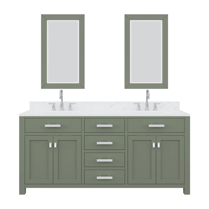 Water Creation Vanity Water Creation MS72CW01GN-R21BL1401 Madison 72 In. Double Sink Carrara White Marble Countertop Vanity in Glacial Green with Gooseneck Faucet and Mirror