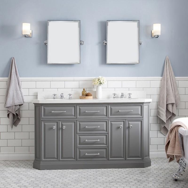 Water Creation Vanity Water Creation PA60A-0100CG Palace 60 Inch Quartz Carrara Cashmere Grey Bathroom Vanity Set in Chrome