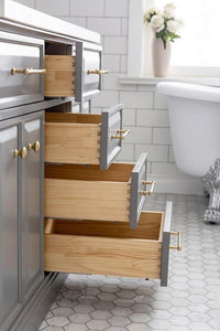 Water Creation Vanity Water Creation PA60A-0600CG Palace 60 Inch Quartz Carrara Cashmere Grey Bathroom Vanity Set in Satin Brass and Mirrors only in Chrome