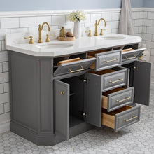 Load image into Gallery viewer, Water Creation Vanity Water Creation PA60A-0600CG Palace 60 Inch Quartz Carrara Cashmere Grey Bathroom Vanity Set in Satin Brass and Mirrors only in Chrome