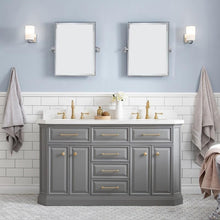 Load image into Gallery viewer, Water Creation Vanity Water Creation PA60A-0600CG Palace 60 Inch Quartz Carrara Cashmere Grey Bathroom Vanity Set in Satin Brass and Mirrors only in Chrome