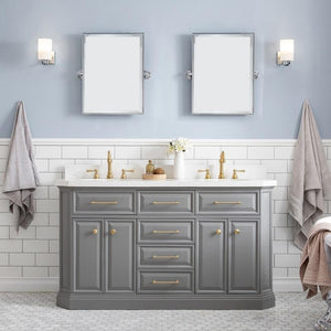 Water Creation Vanity Water Creation PA60A-0600CG Palace 60 Inch Quartz Carrara Cashmere Grey Bathroom Vanity Set in Satin Brass and Mirrors only in Chrome