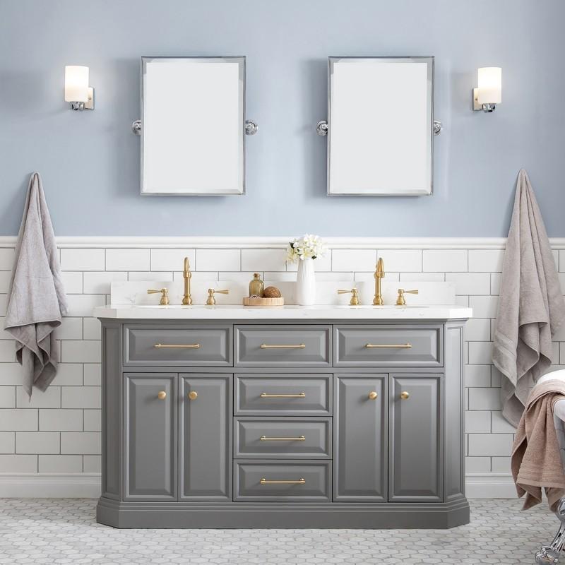 Water Creation Vanity Water Creation PA60A-0600CG Palace 60 Inch Quartz Carrara Cashmere Grey Bathroom Vanity Set in Satin Brass and Mirrors only in Chrome