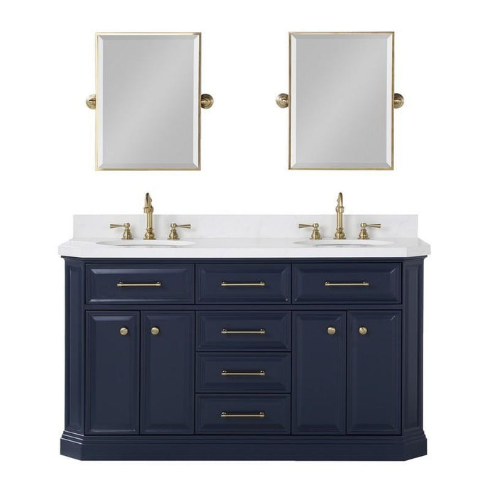 Water Creation Vanity Water Creation PA60B-0600MB Palace 60 Inch Double Sink White Quartz Countertop Vanity in Monarch Blue and Mirrors