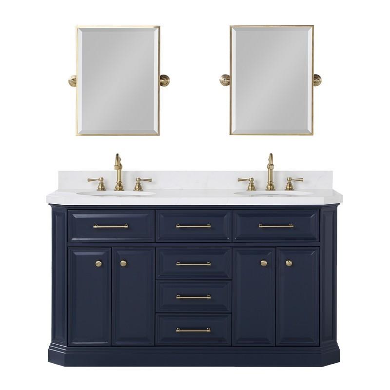 Water Creation Vanity Water Creation PA60B-0600MB Palace 60 Inch Double Sink White Quartz Countertop Vanity in Monarch Blue and Mirrors