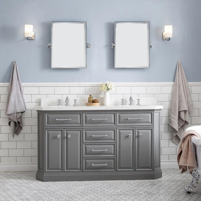 Water Creation Vanity Water Creation PA60C-0113CG Palace 60 Inch Quartz Carrara Cashmere Grey Bathroom Vanity Set and Faucets in Chrome