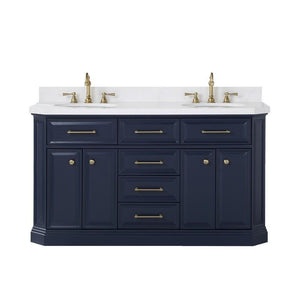 Water Creation Vanity Water Creation PA60C-0612MB Palace 60 Inch Double Sink White Quartz Countertop Vanity in Monarch Blue with Hook Faucets