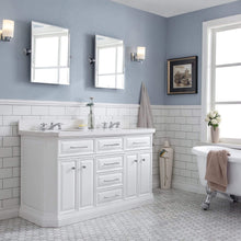 Load image into Gallery viewer, Water Creation Vanity Water Creation PA60QZ01PW-E18000000 60&quot;&quot; Palace Collection Quartz Carrara Pure White Bathroom Vanity Set With Hardware, Mirror in Chrome Finish