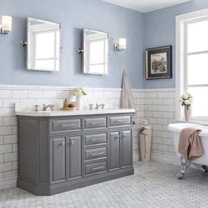 Water Creation Vanity Water Creation PA60QZ05CG-E18000000 60"" Palace Collection Quartz Carrara Cashmere Grey Bathroom Vanity Set With Hardware, Mirror in Polished Nickel (PVD) Finish