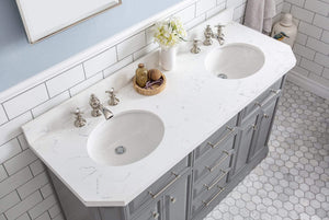 Water Creation Vanity Water Creation PA60QZ05CG-E18FX1305 60"" Palace Collection Quartz Carrara Cashmere Grey Bathroom Vanity Set With Hardware And F2-0013 Faucets, Mirror in Polished Nickel (PVD) Finish