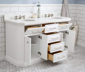 Water Creation Vanity Water Creation PA60QZ05PW-000BX0905 60"" Palace Collection Quartz Carrara Pure White Bathroom Vanity Set With Hardware And F2-0009 Faucets in Polished Nickel (PVD) Finish