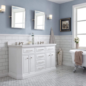 Water Creation Vanity Water Creation PA60QZ05PW-000BX0905 60"" Palace Collection Quartz Carrara Pure White Bathroom Vanity Set With Hardware And F2-0009 Faucets in Polished Nickel (PVD) Finish