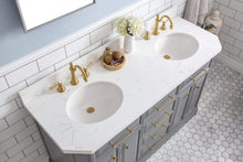 Load image into Gallery viewer, Water Creation Vanity Water Creation PA60QZ06CG-E18TL1206 60&quot;&quot; Palace Collection Quartz Carrara Cashmere Grey Bathroom Vanity Set With Hardware And F2-0012 Faucets in Satin Gold Finish And Only Mirrors in Chrome Finish