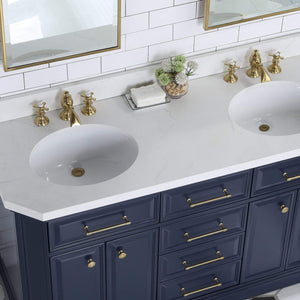 Water Creation Vanity Water Creation PA60QZ06MB-000FX1306 Palace 60 In. Double Sink White Quartz Countertop Vanity in Monarch Blue with Waterfall Faucets