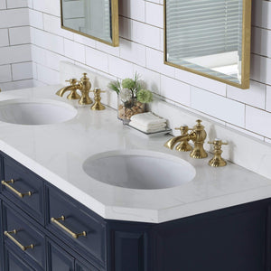 Water Creation Vanity Water Creation PA60QZ06MB-000FX1306 Palace 60 In. Double Sink White Quartz Countertop Vanity in Monarch Blue with Waterfall Faucets