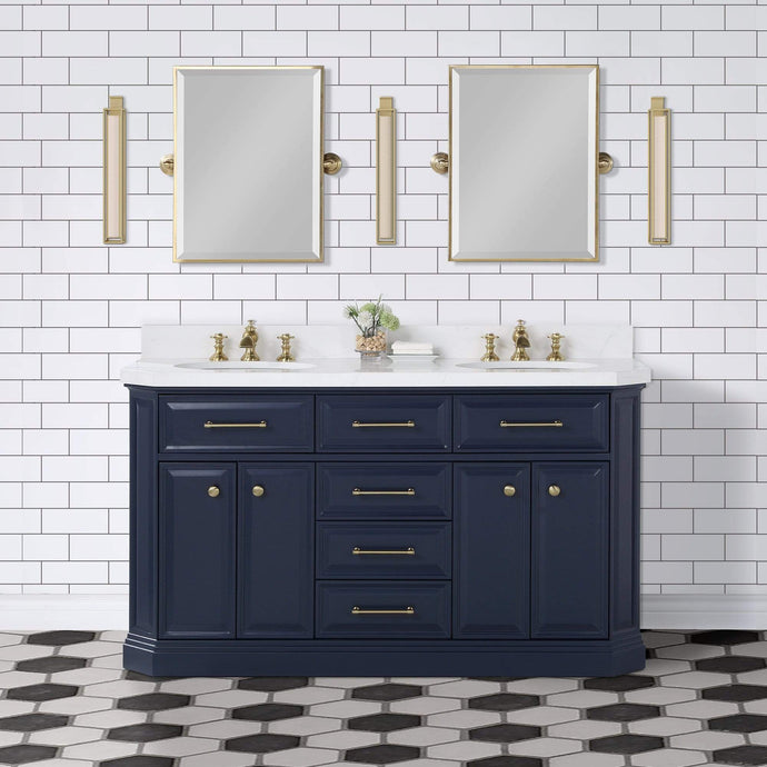 Water Creation Vanity Water Creation PA60QZ06MB-000FX1306 Palace 60 In. Double Sink White Quartz Countertop Vanity in Monarch Blue with Waterfall Faucets