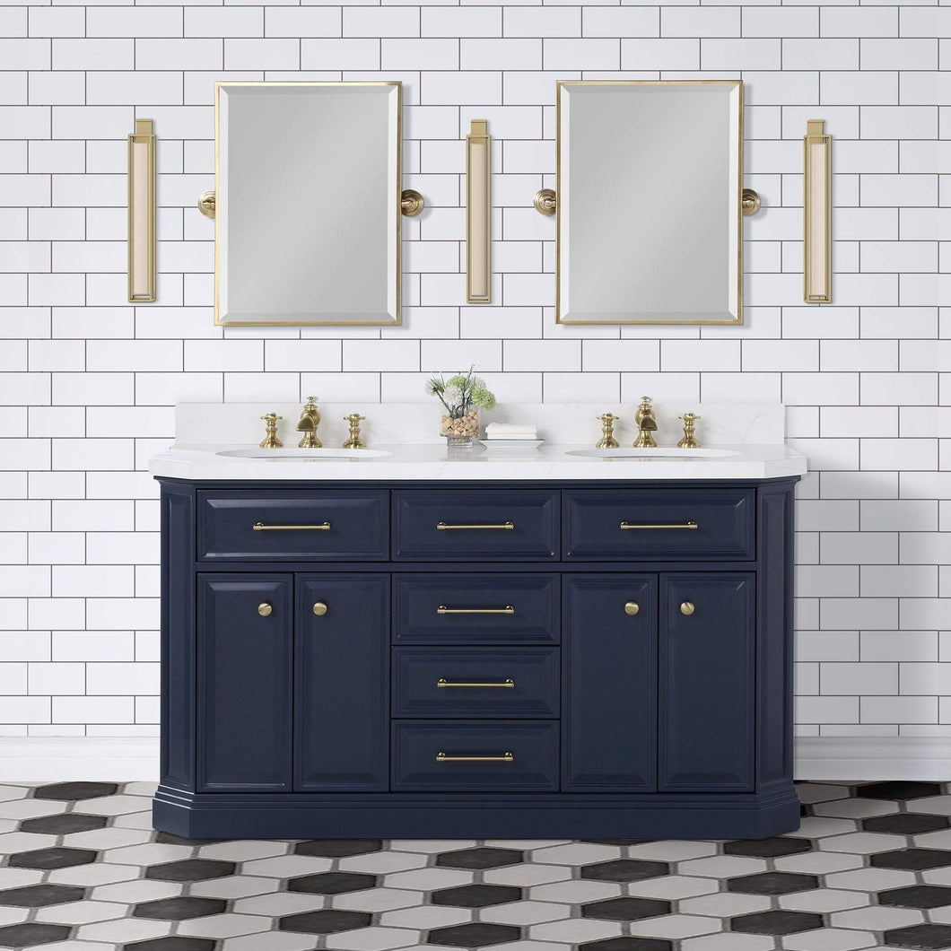 Water Creation Vanity Water Creation PA60QZ06MB-000FX1306 Palace 60 In. Double Sink White Quartz Countertop Vanity in Monarch Blue with Waterfall Faucets