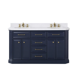 Water Creation Vanity Water Creation PA60QZ06MB-000FX1306 Palace 60 In. Double Sink White Quartz Countertop Vanity in Monarch Blue with Waterfall Faucets