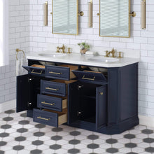 Load image into Gallery viewer, Water Creation Vanity Water Creation PA60QZ06MB-000FX1306 Palace 60 In. Double Sink White Quartz Countertop Vanity in Monarch Blue with Waterfall Faucets