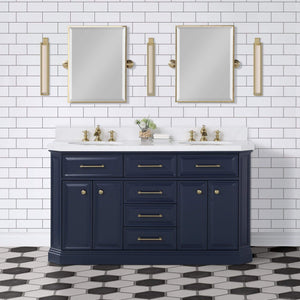 Water Creation Vanity Water Creation PA60QZ06MB-E18FX1306 Palace 60 In. Double Sink White Quartz Countertop Vanity in Monarch Blue with Waterfall Faucets and Mirrors