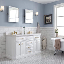 Load image into Gallery viewer, Water Creation Vanity Water Creation PA60QZ06PW-000FX1306 60&quot;&quot; Palace Collection Quartz Carrara Pure White Bathroom Vanity Set With Hardware And F2-0013 Faucets in Satin Gold Finish And Only Mirrors in Chrome Finish