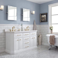Load image into Gallery viewer, Water Creation Vanity Water Creation PA60QZ06PW-E18TL1206 60&quot;&quot; Palace Collection Quartz Carrara Pure White Bathroom Vanity Set With Hardware And F2-0012 Faucets in Satin Gold Finish And Only Mirrors in Chrome Finish