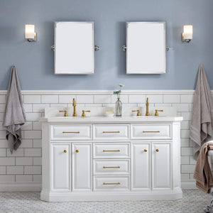 Water Creation Vanity Water Creation PA60QZ06PW-E18TL1206 60"" Palace Collection Quartz Carrara Pure White Bathroom Vanity Set With Hardware And F2-0012 Faucets in Satin Gold Finish And Only Mirrors in Chrome Finish