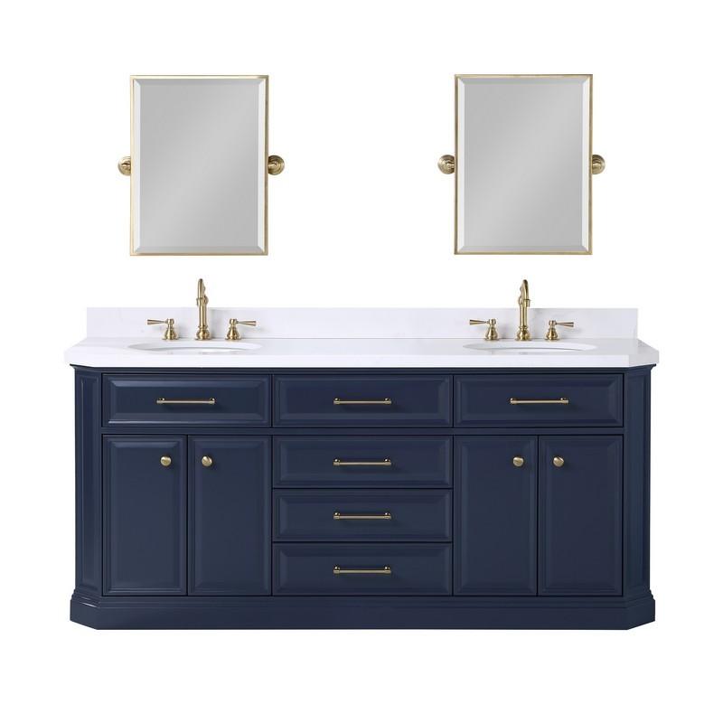 Water Creation Vanity Water Creation PA72B-0600MB Palace 72 Inch Double Sink White Quartz Countertop Vanity in Monarch Blue and Mirrors