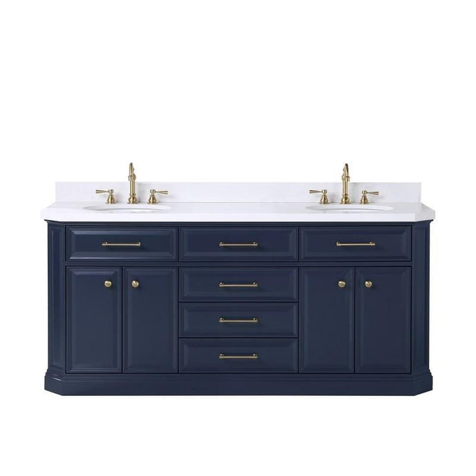 Water Creation Vanity Water Creation PA72C-0612MB Palace 72 Inch Double Sink White Quartz Countertop Vanity in Monarch Blue with Hook Faucets