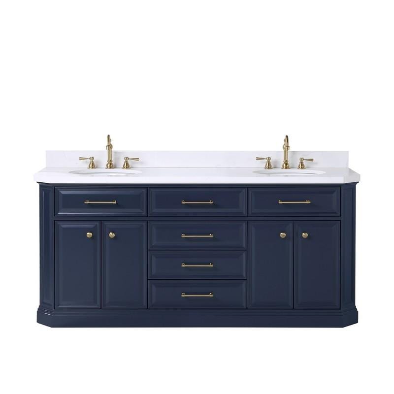 Water Creation Vanity Water Creation PA72C-0612MB Palace 72 Inch Double Sink White Quartz Countertop Vanity in Monarch Blue with Hook Faucets