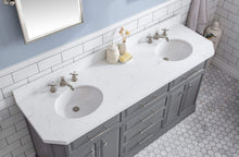 Load image into Gallery viewer, Water Creation Vanity Water Creation PA72QZ05CG-000BX0905 72&quot;&quot; Palace Collection Quartz Carrara Cashmere Grey Bathroom Vanity Set With Hardware And F2-0009 Faucets in Polished Nickel (PVD) Finish
