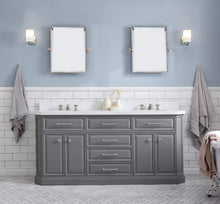 Load image into Gallery viewer, Water Creation Vanity Water Creation PA72QZ05CG-000BX0905 72&quot;&quot; Palace Collection Quartz Carrara Cashmere Grey Bathroom Vanity Set With Hardware And F2-0009 Faucets in Polished Nickel (PVD) Finish