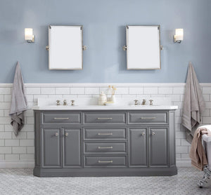 Water Creation Vanity Water Creation PA72QZ05CG-000BX0905 72"" Palace Collection Quartz Carrara Cashmere Grey Bathroom Vanity Set With Hardware And F2-0009 Faucets in Polished Nickel (PVD) Finish